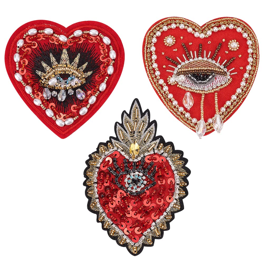 INFUNLY Evil Eyes Heart Beaded Patches Rhinestone Applique Patches 3 Style Sequin Applique Sew on Crystal Heart Patch for Clothing Jeans Jackets Handbag Shoes DIY Decor