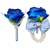 XINGXIA Blue Rose Corsage and Boutonniere Set Corsage Wrist and Men Boutonniere for Wedding Prom Party Suit Decorations, Light Blue Ribbon
