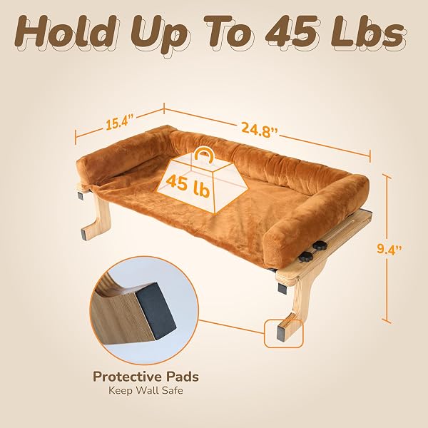 [READY TO GIFT] PURRHOUSE 45LBS CAT WINDOW PERCH WITH BOLSTER, HAMMOCK SEAT WITH PLYWOOD & METAL FRAME, CAT BED FOR WINDOWSILL, BEDSIDE AND CABINET (NATURAL WOOD & BROWN CUSHION, 24.8”W X 9.4”H)