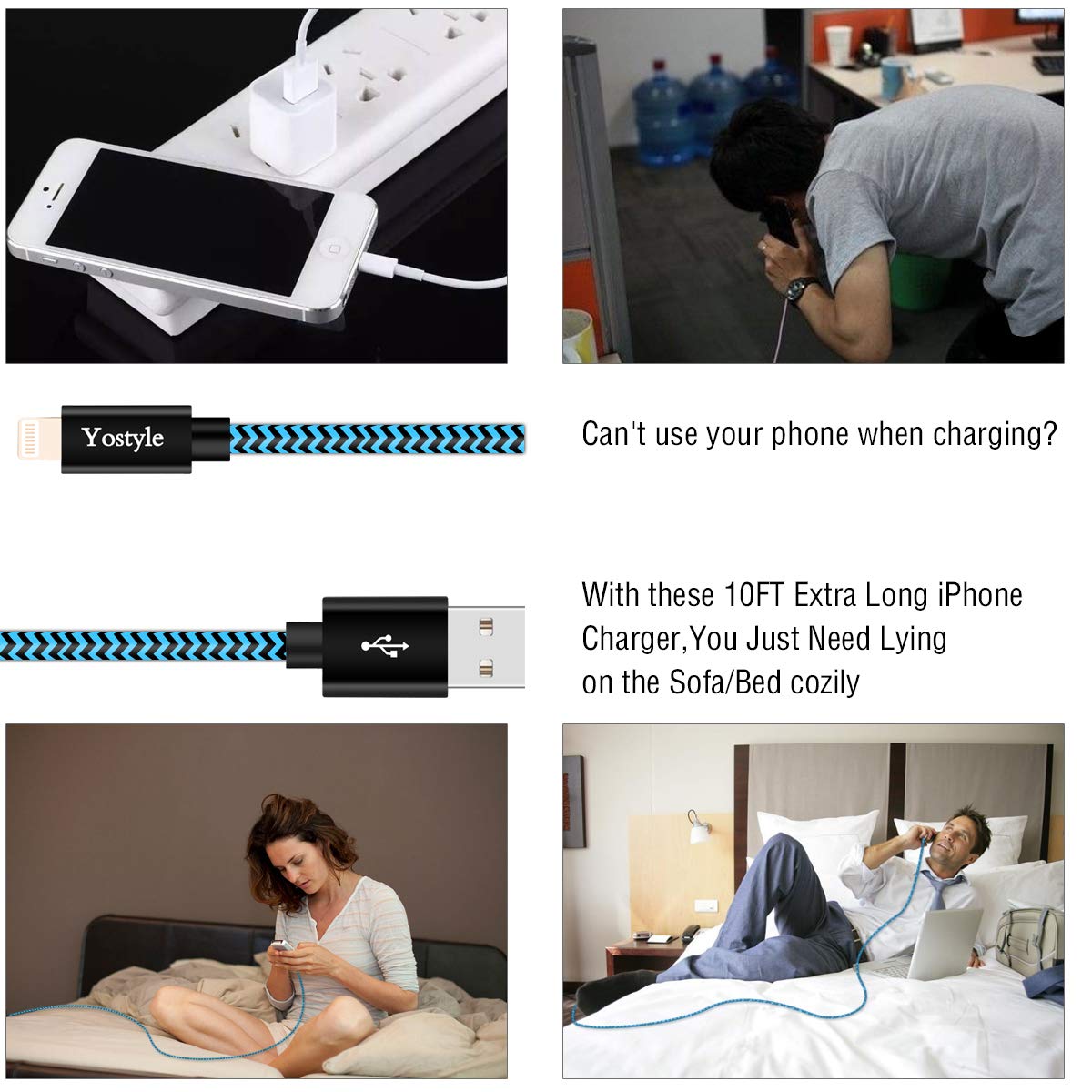 Yostyle Phone Charger Cable,4Pack(3/6/6/10FT) Extra Long Nylon Braided USB Charging & Sync Cord Compatible with Phone Charger X XS Max XR/8/8 Plus/7 Plus 6s/6s Plus/6/6 Plus/5s/5/SE, Pad