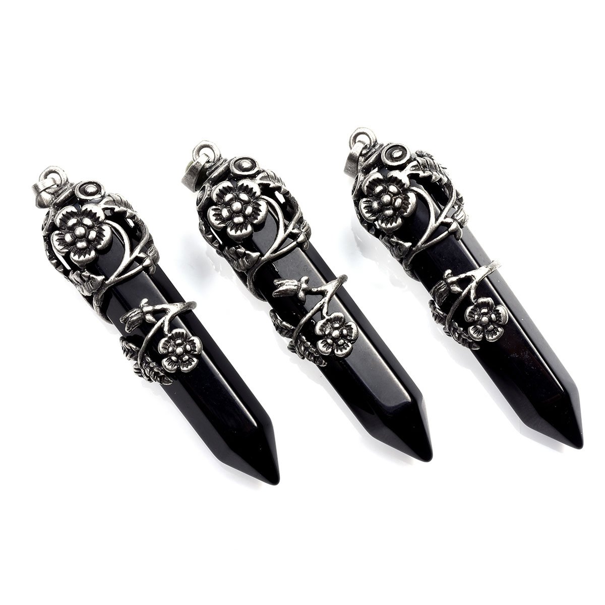 QGEM Healing Point Black Agate lap-ups Ancient silver Hexagonal Prism Pendants with 24\