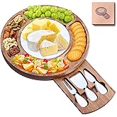 13.5" Round Acacia Wood Cheese & Charcuterie Board Set with Slate Chiller, Hidden Drawer & 420 Stainless Steel Knives/Forks - Ideal Wedding, Housewarming, Birthday Gifts