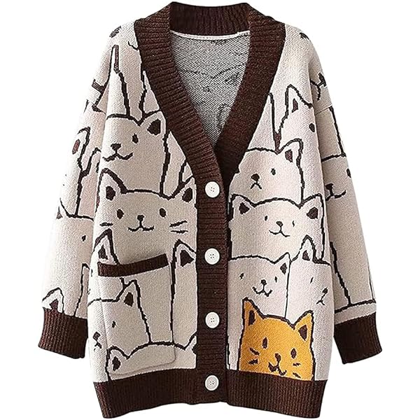 VDWIP Women Cute Cat Cardigan Sweater Cartoon V Neck Button Down