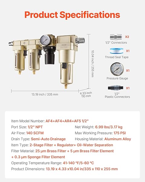 VEVOR AIR COMPRESSOR FILTER REGULATOR COMBO, 1/2″ NPT 3-STAGE 25ΜM & 5ΜM & 0.3ΜM COMPRESSED AIR DRYING SYSTEM WITH MICRON FILTERS & OIL-WATER SEPARATOR, SEMI-AUTO DRAIN, 175PSI MAX WORKING PRESSURE