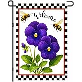 IVN Welcome Garden Flag 12x18 Inch Double Sided Spring Summer Garden Yard Flags Purple Pansy Flowers Bees Decorative Small Flags for Outdoor Seasonal Front Door Lawn Porch Patio Decor Yard Flag