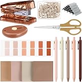 Humyoun Khaki Mini Office Supplies Kit School Desk Accessories Set | Christmas Gift Gel Pen, Sticky Notes, Scissors, Paper Clips, Index Tab, Box Cutter, for Students, Teachers, Office Organizing
