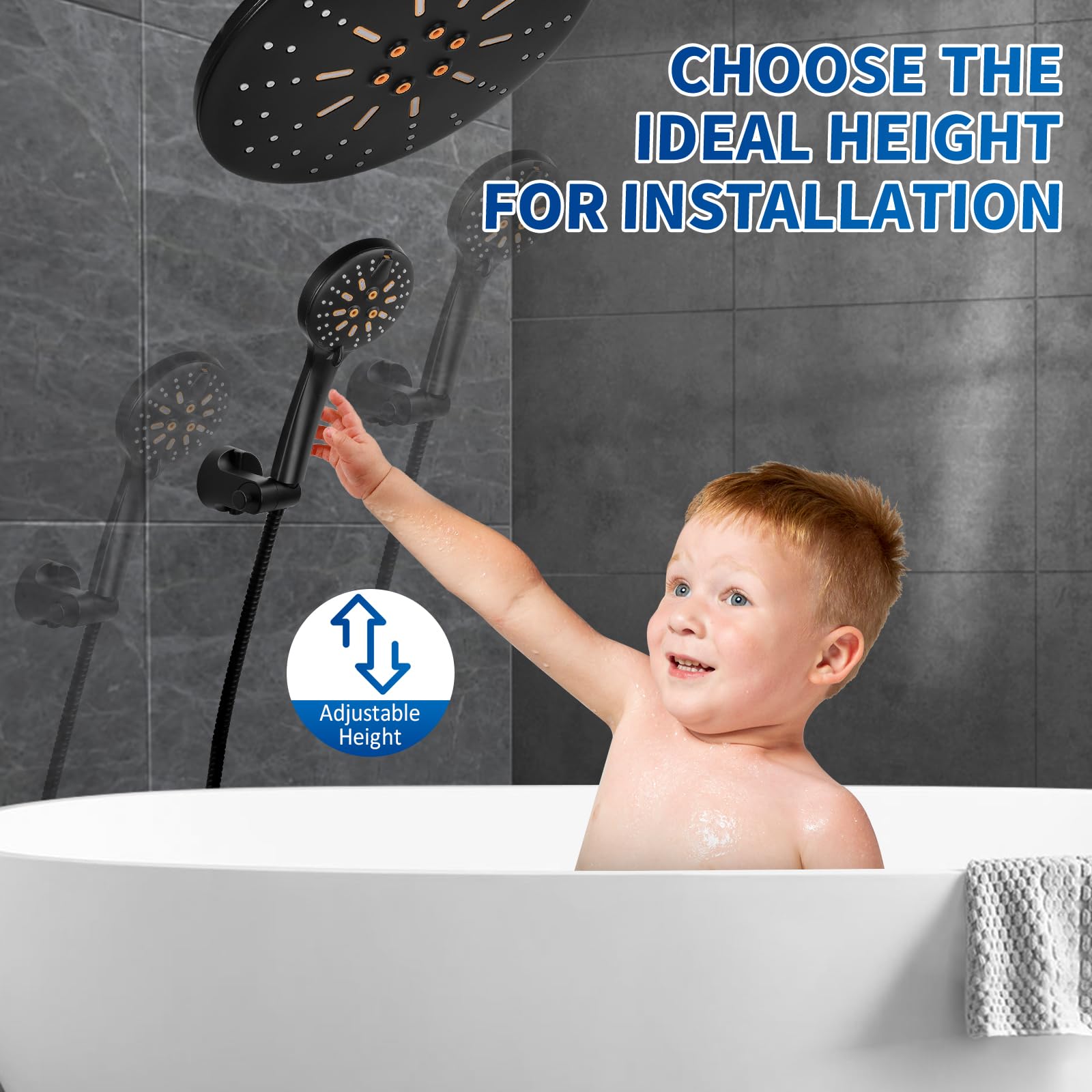 Luxsego Dual Rain Shower Head with Handheld Spray Combo, 8.8 Inch High Pressure Showerheads Built-in Power Wash with 7 Spray Modes & Anti-Clog Nozzles, Easy Install Shower System for Hard Water, Black