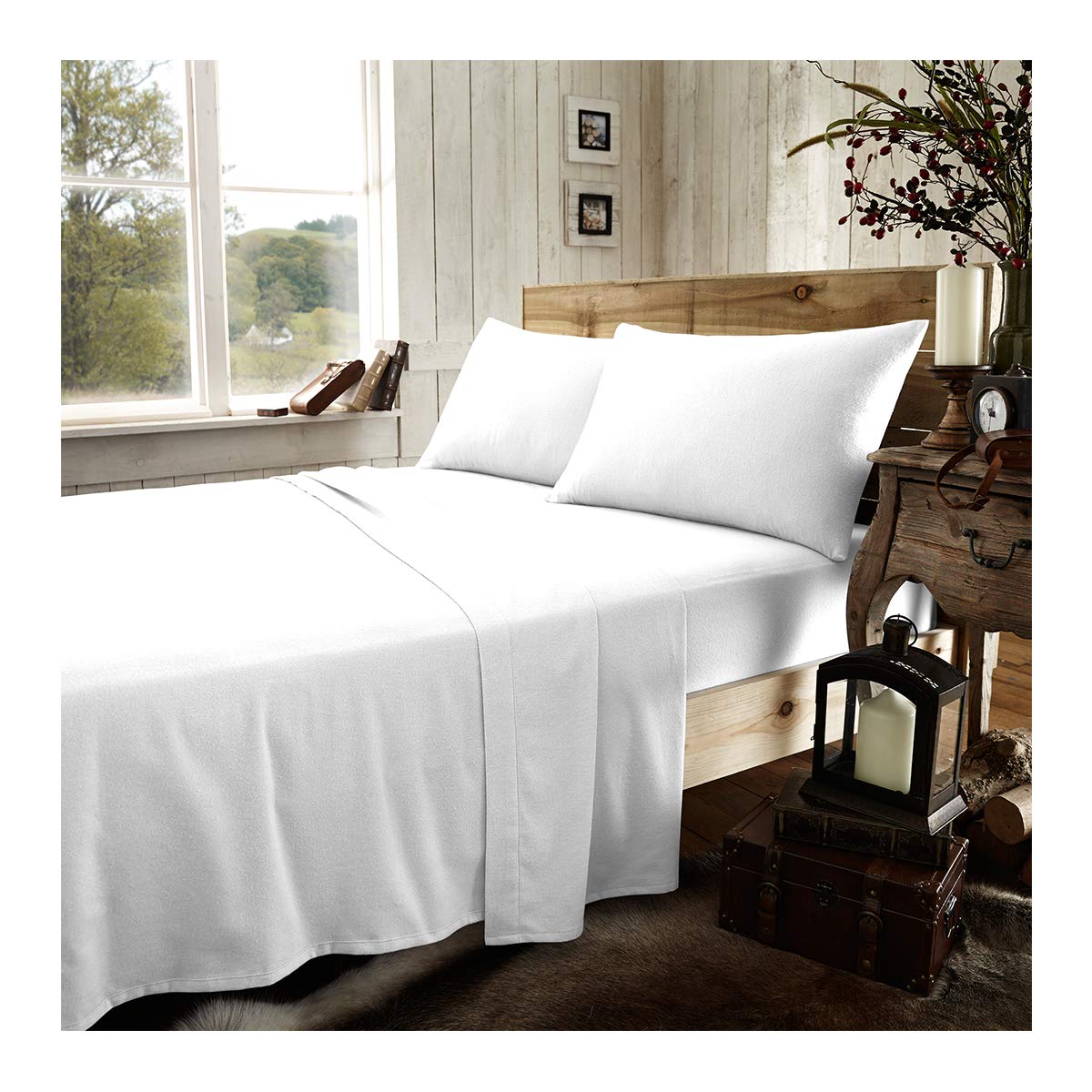 Gaveno Cavailia Luxury Brushed 100% Cotton Plain Dyed Flannel Flat Sheet, [ Double - White ]