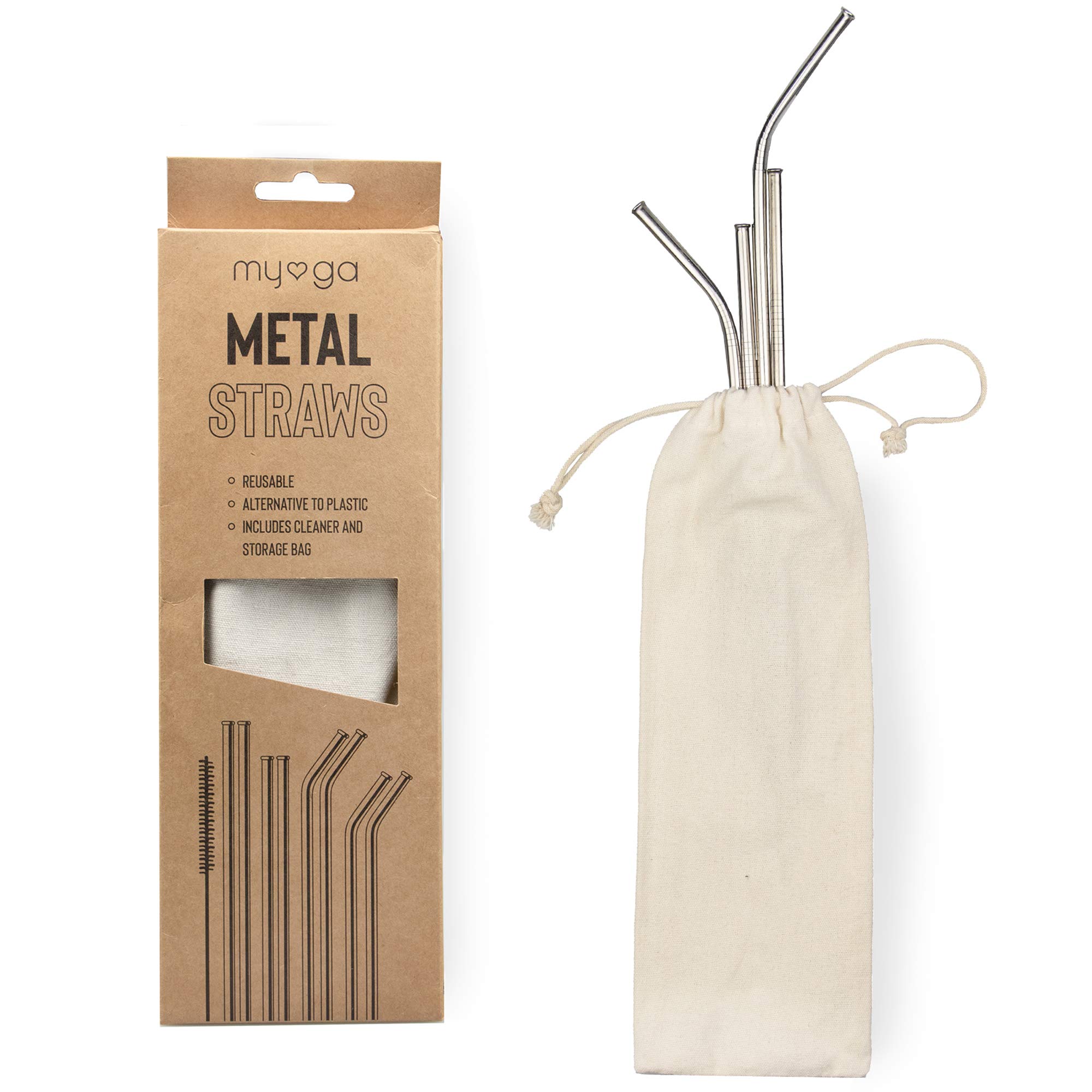 Myga Metal Straws - Reusable Stainless Steel Drinking Straws with Cleaning Brush and Cotton Storage Bag - 4 Straight and 4 Bent Straws - Alternative to Single Use Plastic