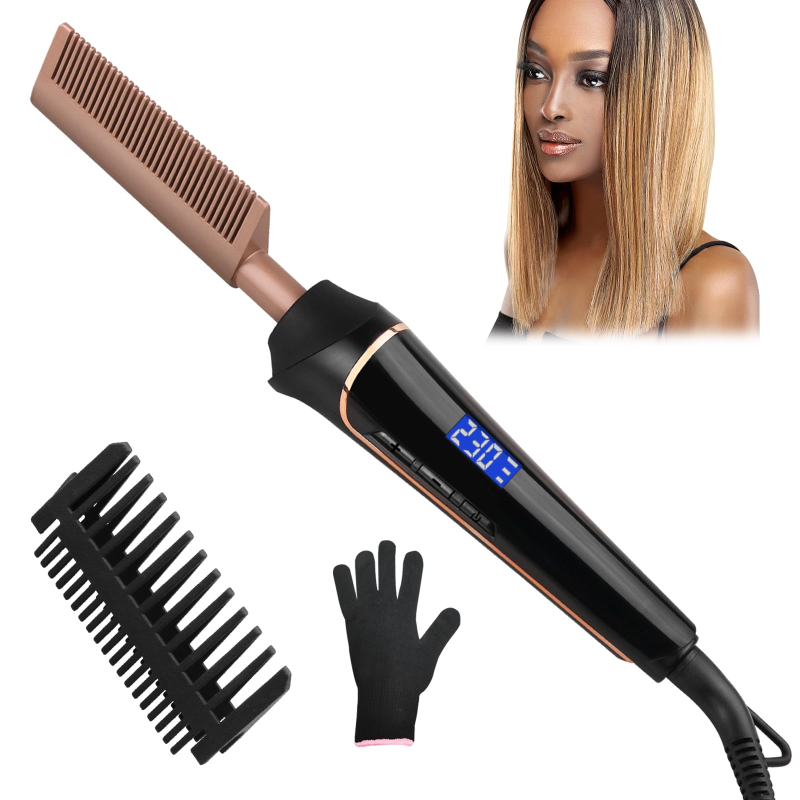 Hot Comb Straightener for Wigs & Afro Hair, 230°C Electric Heat Pressing Comb, Adjustable 80-230°C Temperature, LCD Display with Anti-Scald Hood & Gloves
