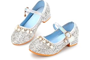 Qimaoo Girls Dress Shoes Mary Jane Princess Shoes Girls' Flats Glitter Low Heels Flower Wedding Party Footwear for Toddler Little/Big Kid