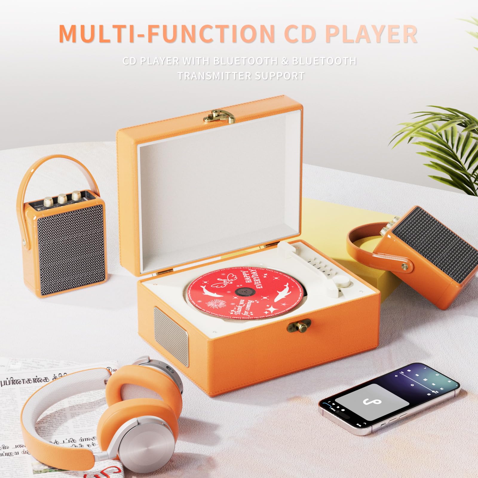 Yintiny Time Music Box CD Player with Speakers; Bluetooth Transmitter; Festival Gift; BGM Player for Home Decor (Orange)