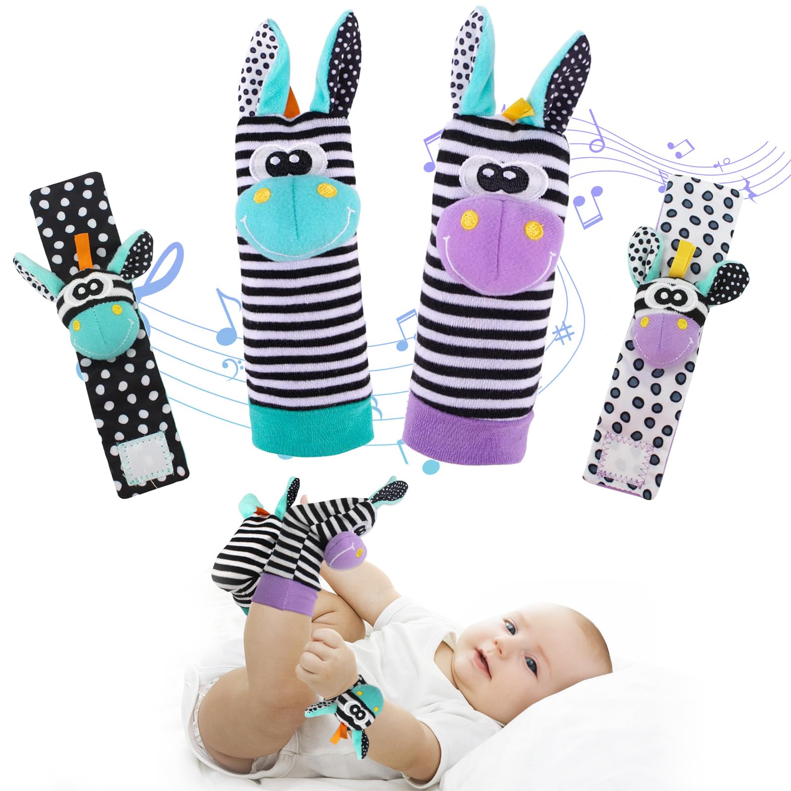 Baby Essentials for Newborn - Rattles, Socks & Strap Set, 4 PCS Handheld & Rattle Socks for Newborn Babies