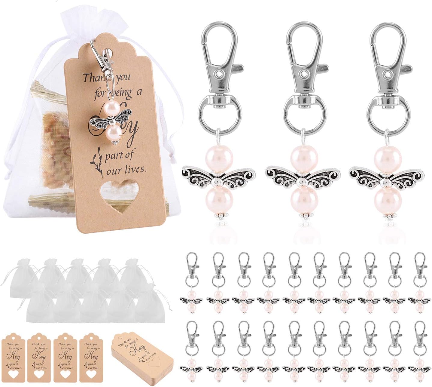 Fashionclubs 36pcs Angel Favor Keychains Plus Organza Bags Plus Thank You Kraft Tags, Baptism Favors Guardian Angel Pendant Keyring Christening First Communion Gifts Recuerditos De Bautismo for Baby Shower, Bridal Shower, Wedding, Party Favors
