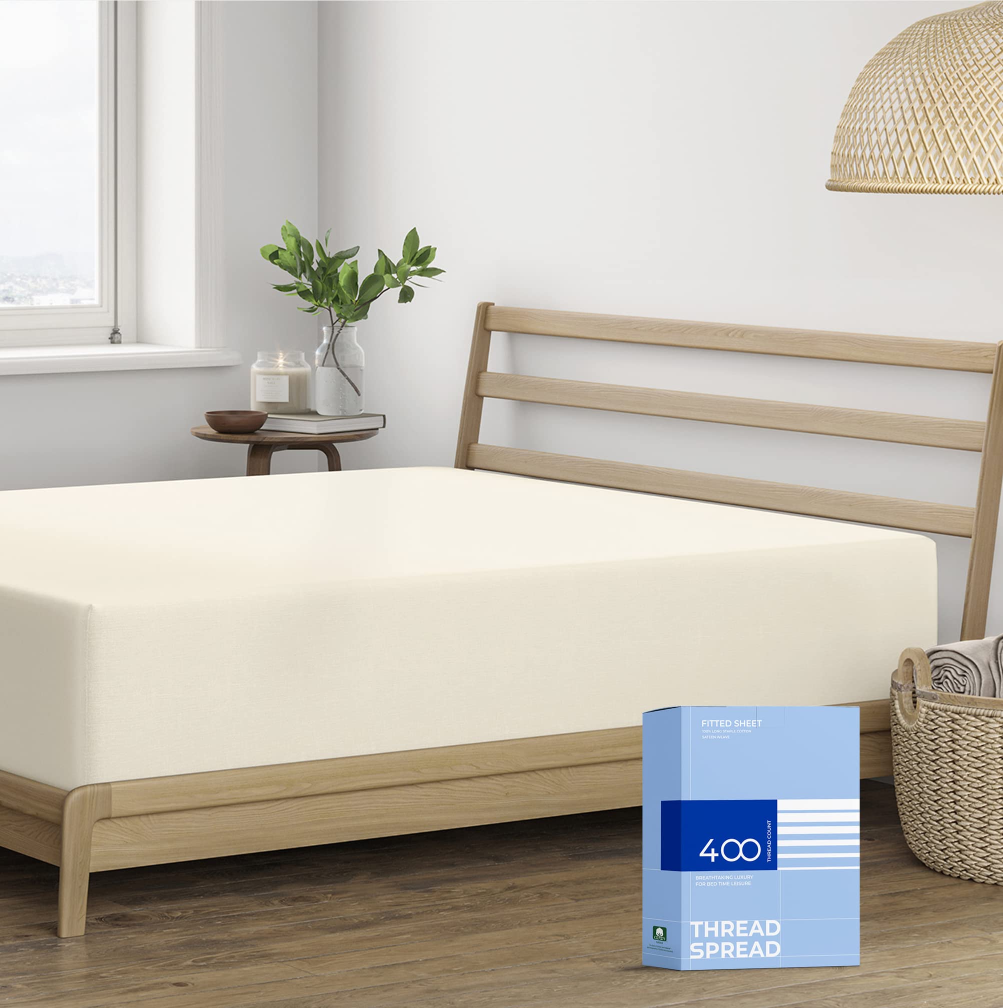 Photo 1 of Thread Spread 100% Cotton Fitted Sheet King Size - 400 Thread Count Fitted Sheet King Cotton Only, Luxuriously Soft, Durable, Cooling 16" Deep Pocket Sateen Weave Bottom, Luxury Hotel Quality - Ivory