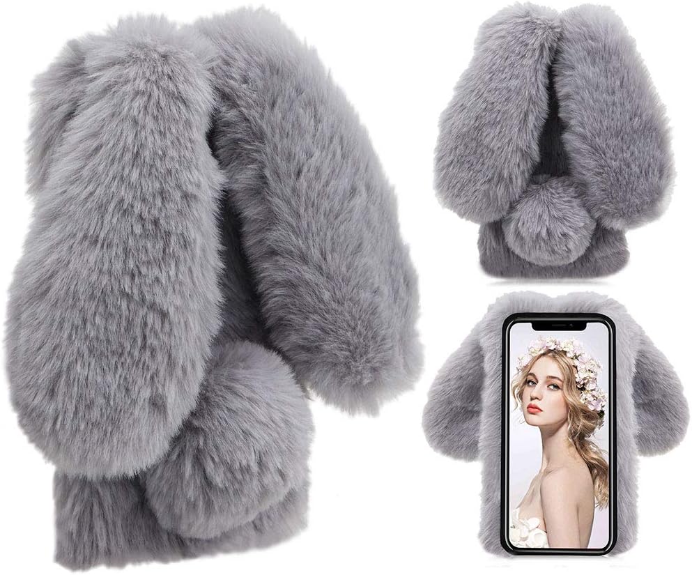 Cute Fluffy Furry Rabbit Shape Cover for iPhone XR 6.1" MOIKY Bunny Ears Faux Fur Hair Plush Animal Case Soft TPU Inner Shockproof Protector Bling Rhinestone Case for iPhone XR 6.1" - Gray