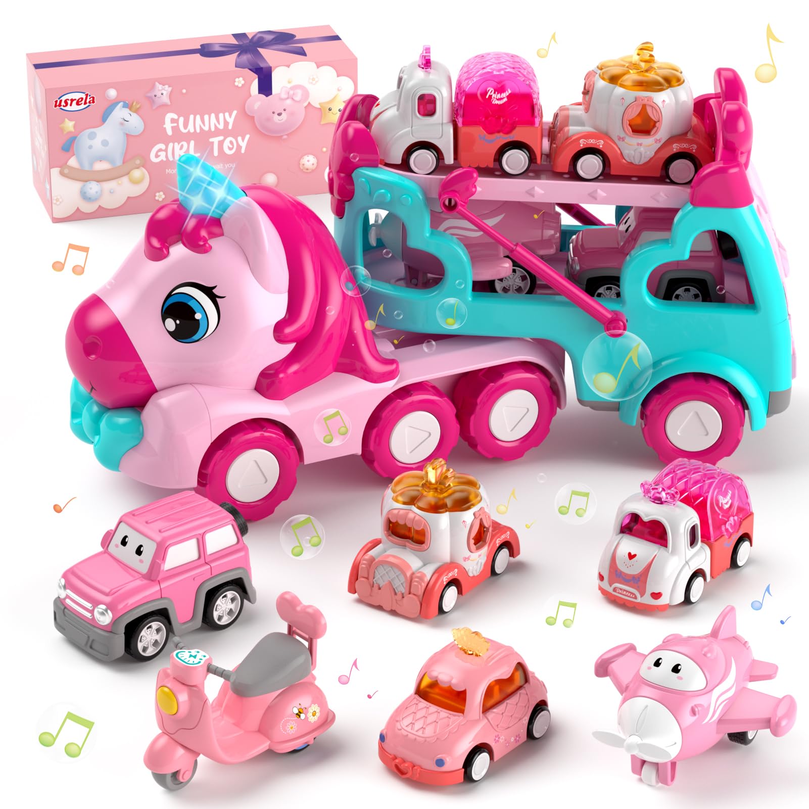 usrela Cars Toys for 2 3 Year Old Girl, 7-in-1 Princess Transport Carrier Trucks for Toddlers Girl 2-3, Friction Power Toy Cars with Lights & Music, Birthday Gift for Girls