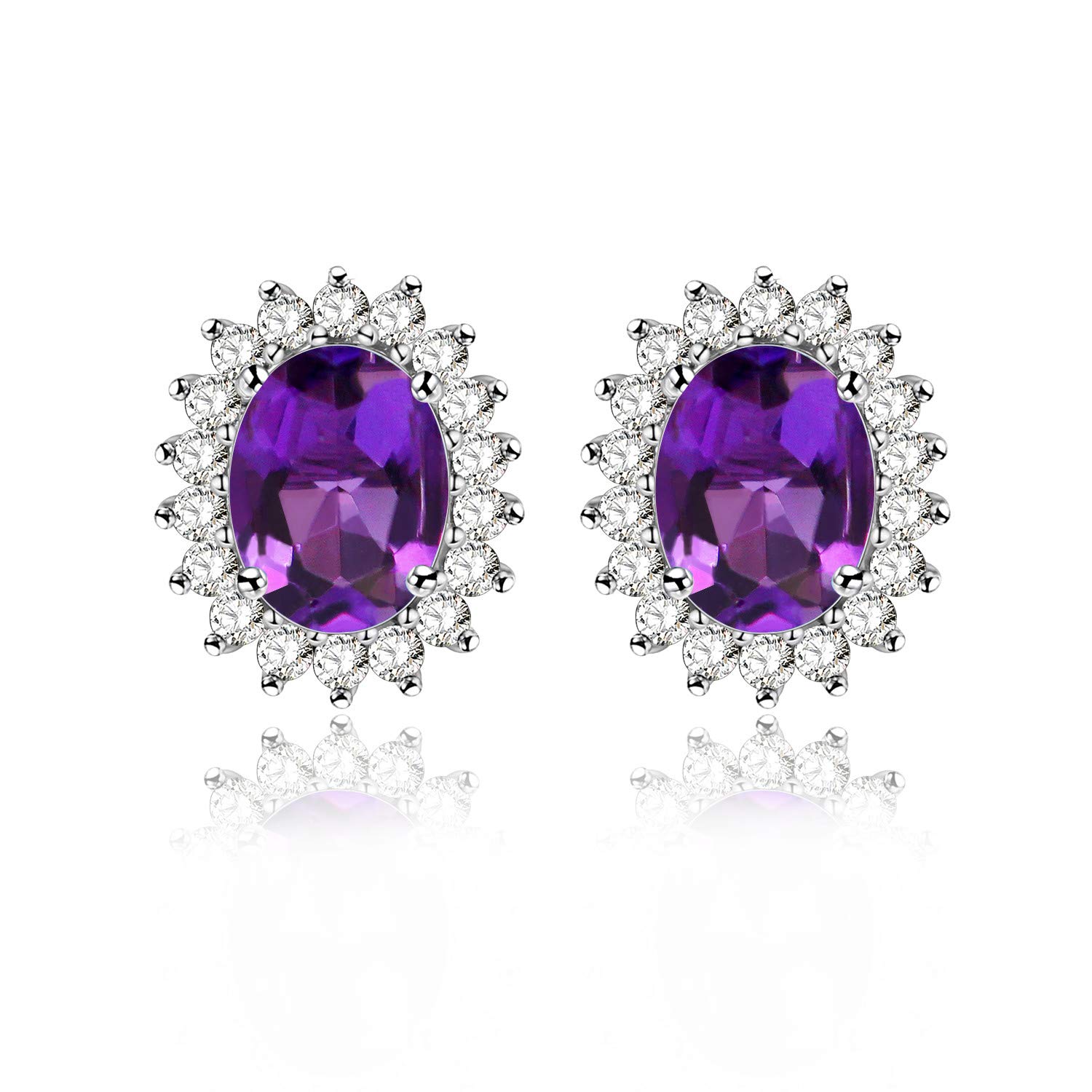 Uloveido Charm Pure 925 Sterling Silver Oval Natural Amethyst Purple Crystal Stud Earrings Wedding Jewellery for Women CR002