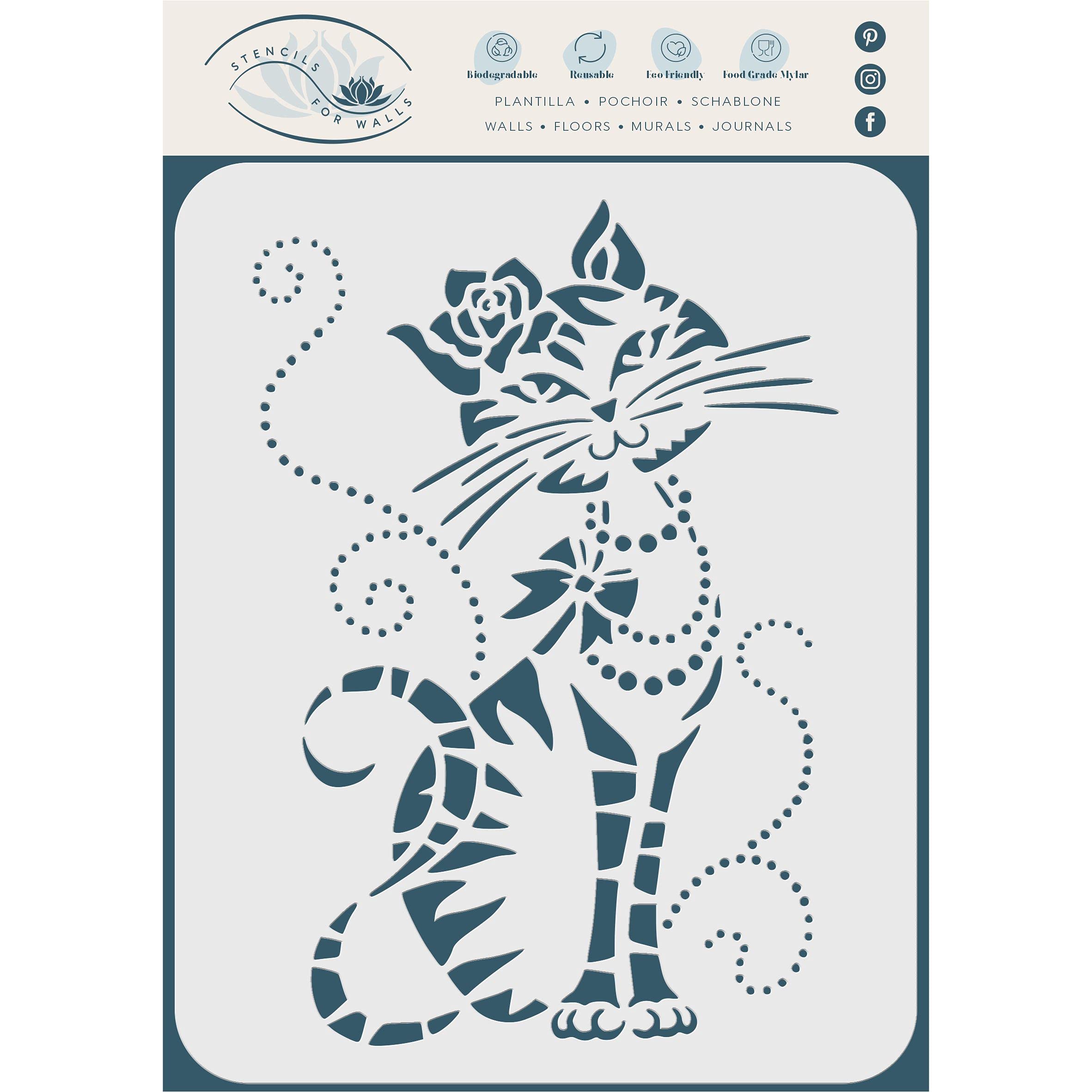 Cute Cat Stencil, 11.4 x 16.5 cm (M) - Cool Cartoon Cat Bow Flower Beads Stencils for Painting Template