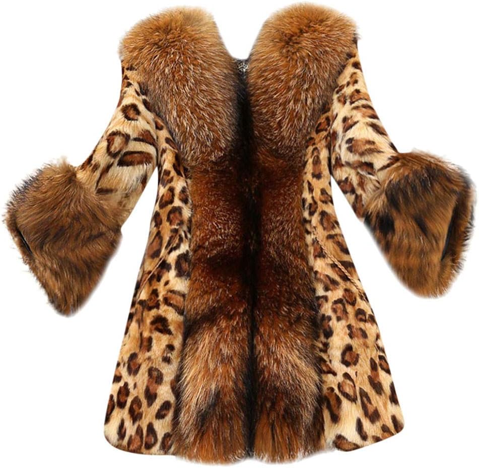 JMETRIE Women's Faux Fur Collar Classic Leopard Medium Long Coat Jacket