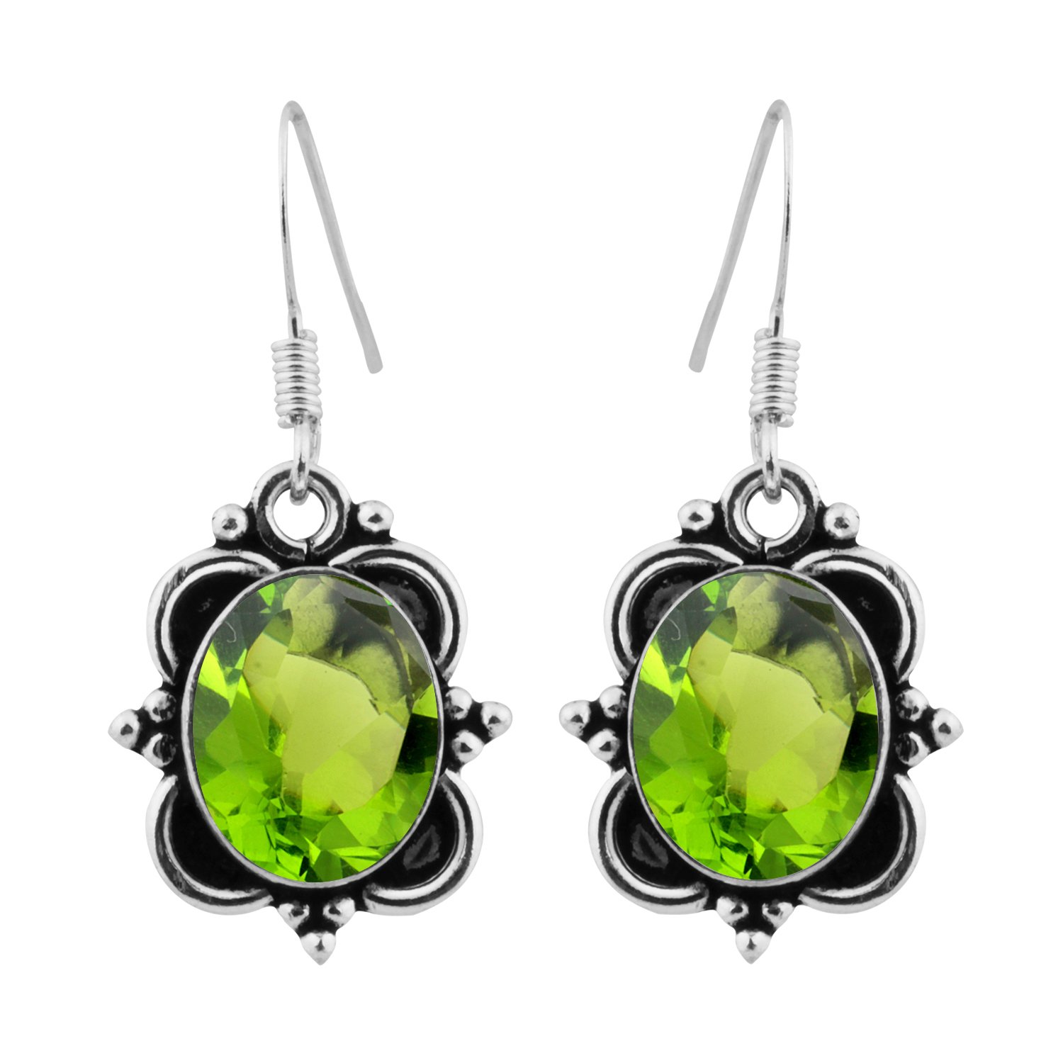 Natural Moonstone Amethyst Turquoise Tiger Eye Onyx Carnelian Rose Quartz Aquamarine Garnet Lapis Malachite Oval Shape Gemstone 925 Silver Plated Handmade Dangle Earrings Jewelry For Women (Peridot)