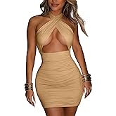 Women's Sexy Ruched Bodycon Halter Criss Cross Cut Out Backless Mini Club Party Dresses
