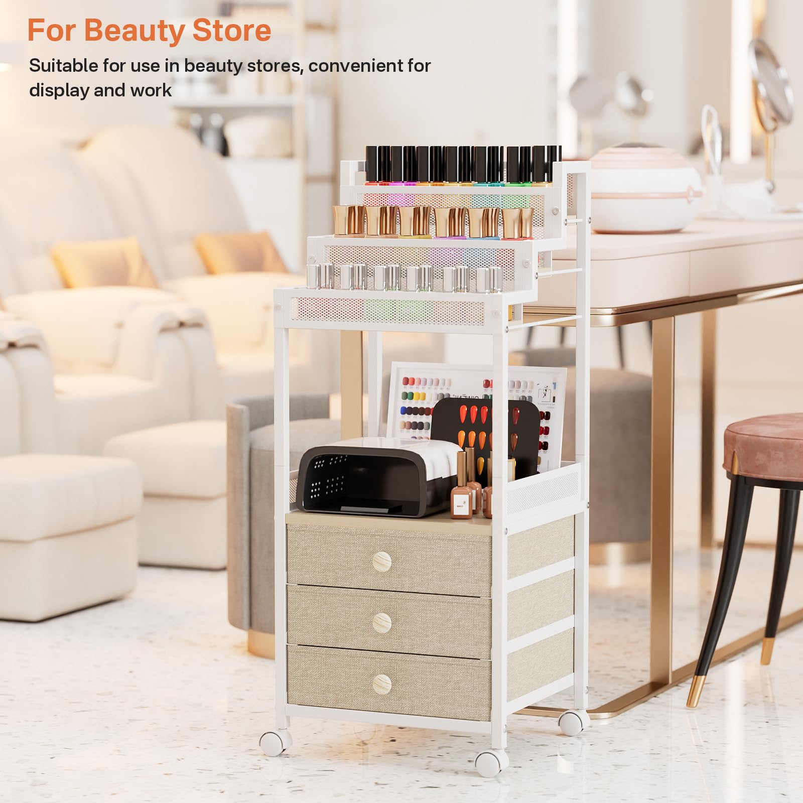 FURFUN Makeup Organizer Storage Cart with Drawers, Floor Rolling Skincare Vanity Organizer Mobile Cosmetic Display Case Stand for Makeup Brushes, Nail Polish, Perfume Organizer for Women Matte White