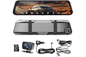 Oncheer 12" 2K Smart Rear View Mirror Camera, in-Mirror Dash Cam Front and Rear Video Players, Backup Camera Mirror Support Apple CarPlay & Android Auto for All Vehicles, Parking Monitoring, 64GB Card