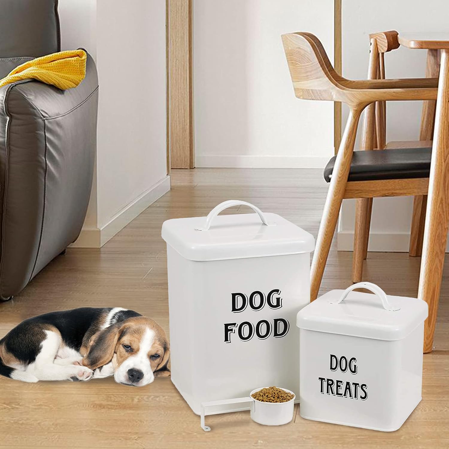 Pet Supplies : Pethiy Dog Food and Treats Containers Set with Scoop for Dogs-Vintage White Powder-Coated Carbon Steel - Tight Fitting Lids - Storage Canister Tins Small-White : 