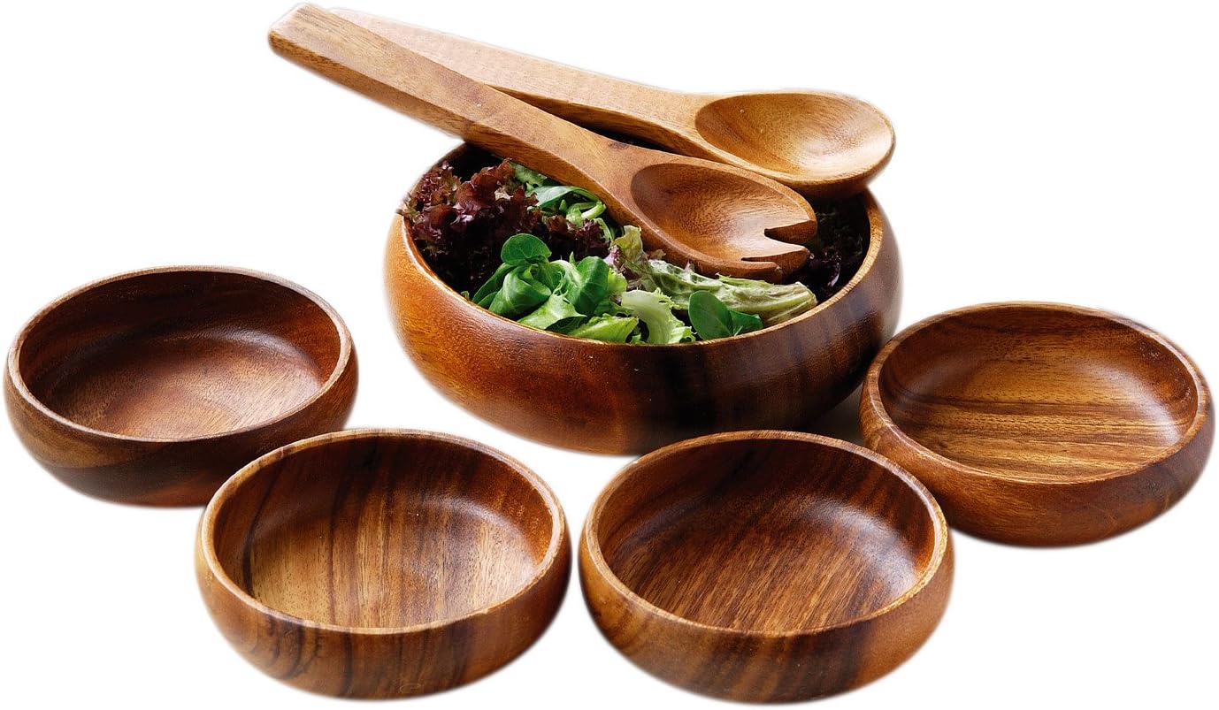 Premier 7pcs Acacia Wood Salad Bowl Set - Large Wooden Serving Bowl with 4 Small Bowls and Salad Servers, Natural, H5 x W20 x D20cm