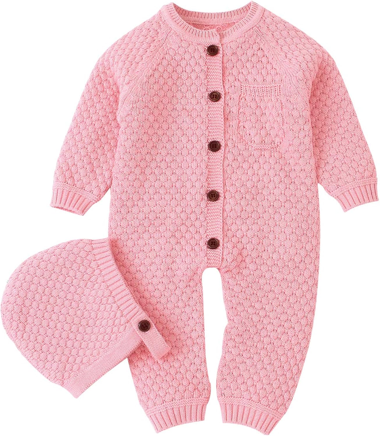 mimixiong Baby Newborn Knitted Sweater Romper Longsleeve Outfit Cotton Jumpsuit with Warm Hat Set