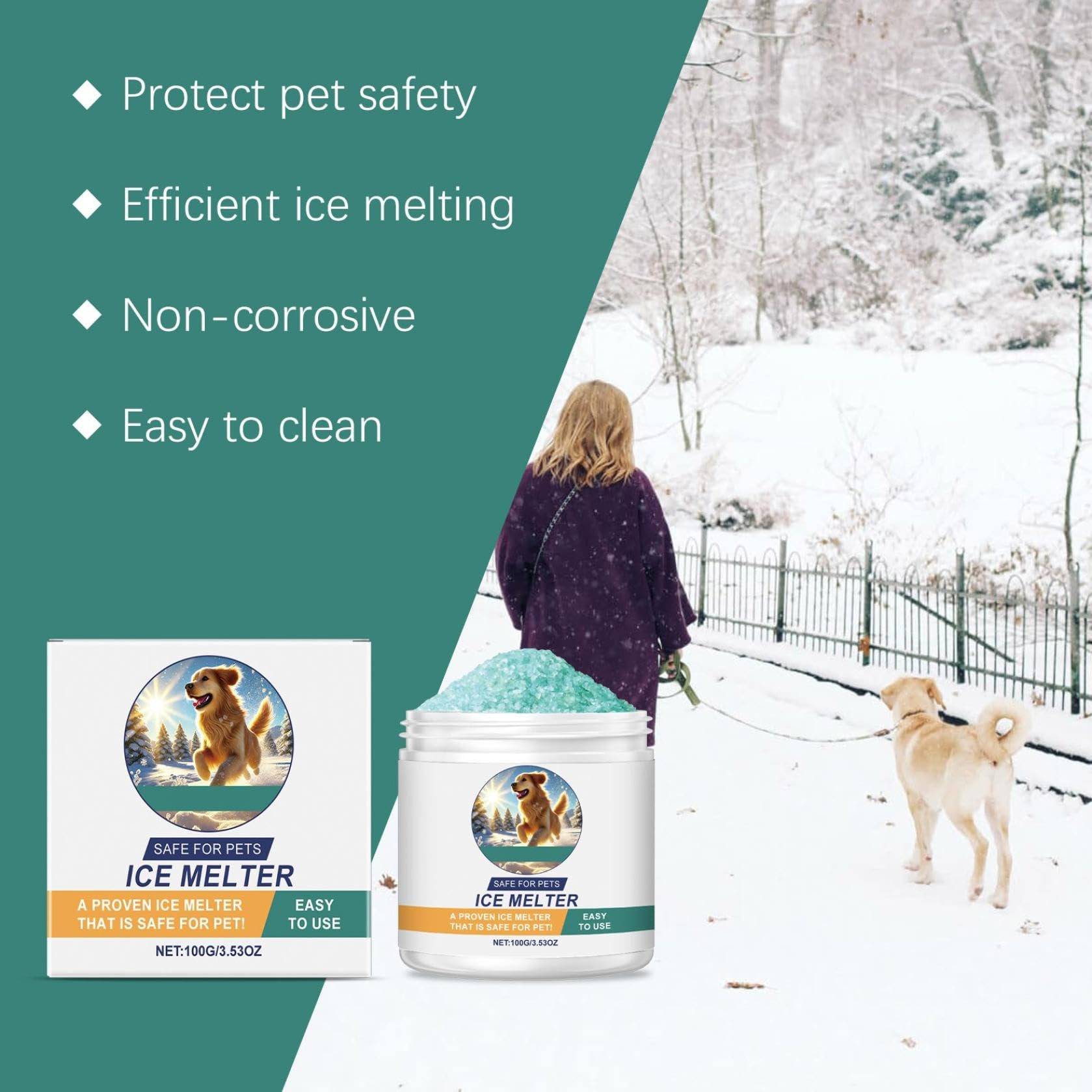Safe Ice Melt, Chien/Enfant/Animaux de Compagnie Safe Ice Melt, Non Toxique,agissant Rapidement,Dure 3X Plus Longtemps,dégivrage idéal chemins,Plus sûr pour les animaux domestiques,béton 100G (1)