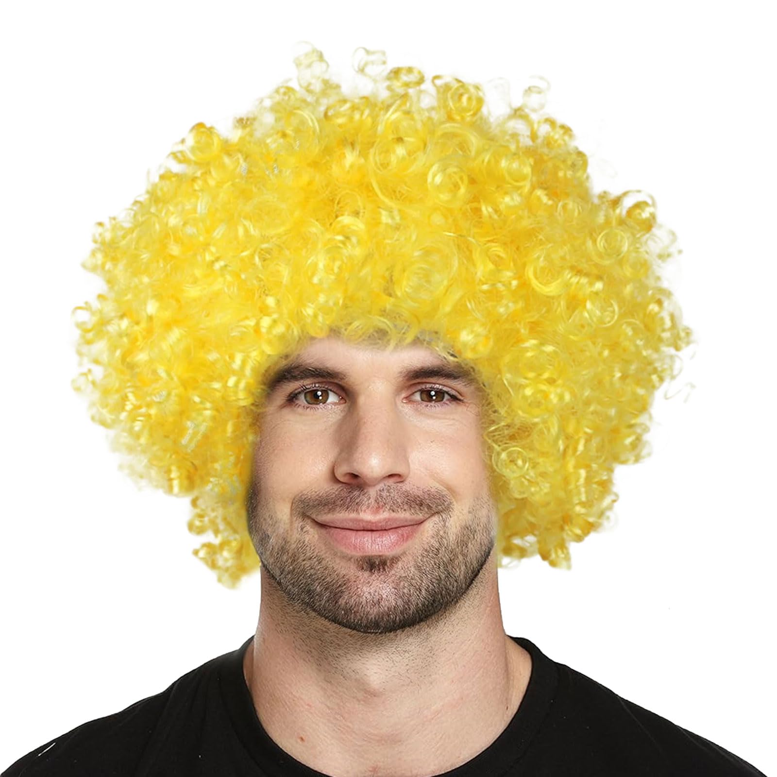 XNIVUIS Afro Wigs Adults Curly Afro Wig Realistic Short Curly Afro Wig for Men Afro Wig For Fancy Dress Curly Bouncy Hair Unisex 60s 70S 80s Theme Party Costume Disco Accessory (Yellow)
