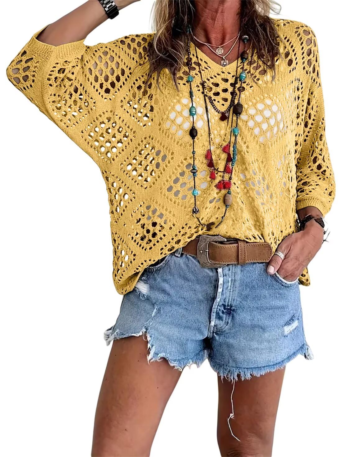Photo 1 of ***(HEAVILY USED/ MINOR DAMAGE)***Allimy Womens Summer Tops Crochet Coverups Long Sleeve Sexy Sweaters Beach Cover ups Resort Wear Cruise Vacation Outfits for Women 2025 V Neck Boho Clothes Yellow US 8 10