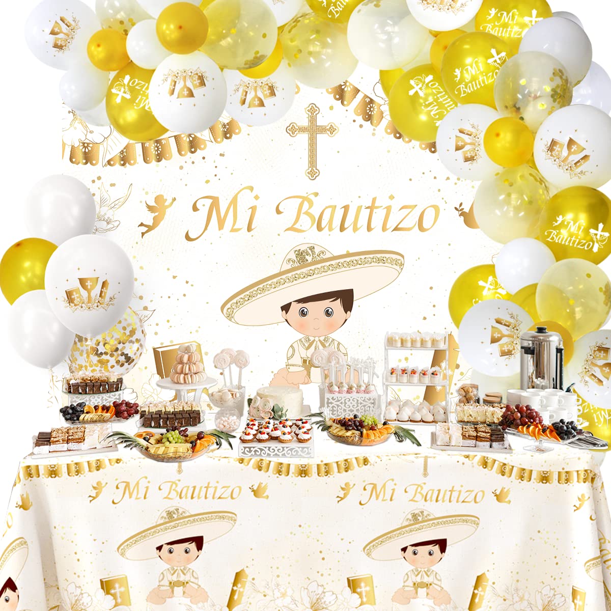 Photo 1 of 57Pcs Mi Bautizo Banner Backdrop Balloons Arch Garland Tablecloth Kit for He God Bless Baby Boy Baptism Party Decorations First Communion Decor Christening Celebration Accessories