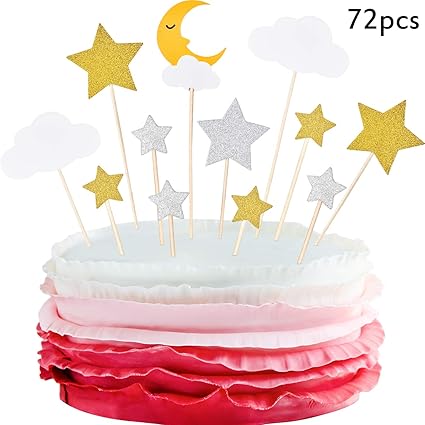 72 Pieces Glitter Star Moon Cupcake Toppers Moon Star White Clouds