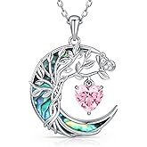 Distance Tree of Life Birthstone Necklace for Women, S925 Sterling Silver Premium Abalone Shell Moon Pendant, Heart Birthstone Necklace Christmas Anniversary Jewelry Birthday Gifts for Her Mom Wife