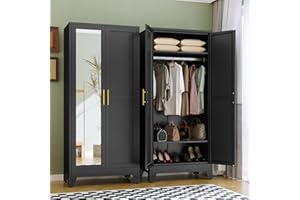 RISTERN RIETERN Metal Armoire Wardrobe Closet, 71" Tall Bedroom Closet with Mirror, Adjustable Shelves, and Hanging Rod, Steel Clothes Closets and Storage, for Bedroom Black
