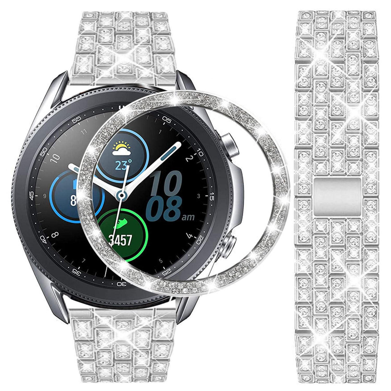 DEALELE Strap Compatible with Samsung Galaxy Watch 3 (41mm), 20mm Bling Rhinestone Dimaond Metal Steel Bracelet with Watch Face Bezel Ring Case Cover Replacement for Women Men, Silver