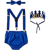 Baby Boy First 1st Birthday Cake Smash Outfit Boys One Birthday Crown Bloomers Pants Bow Tie Suspenders Set