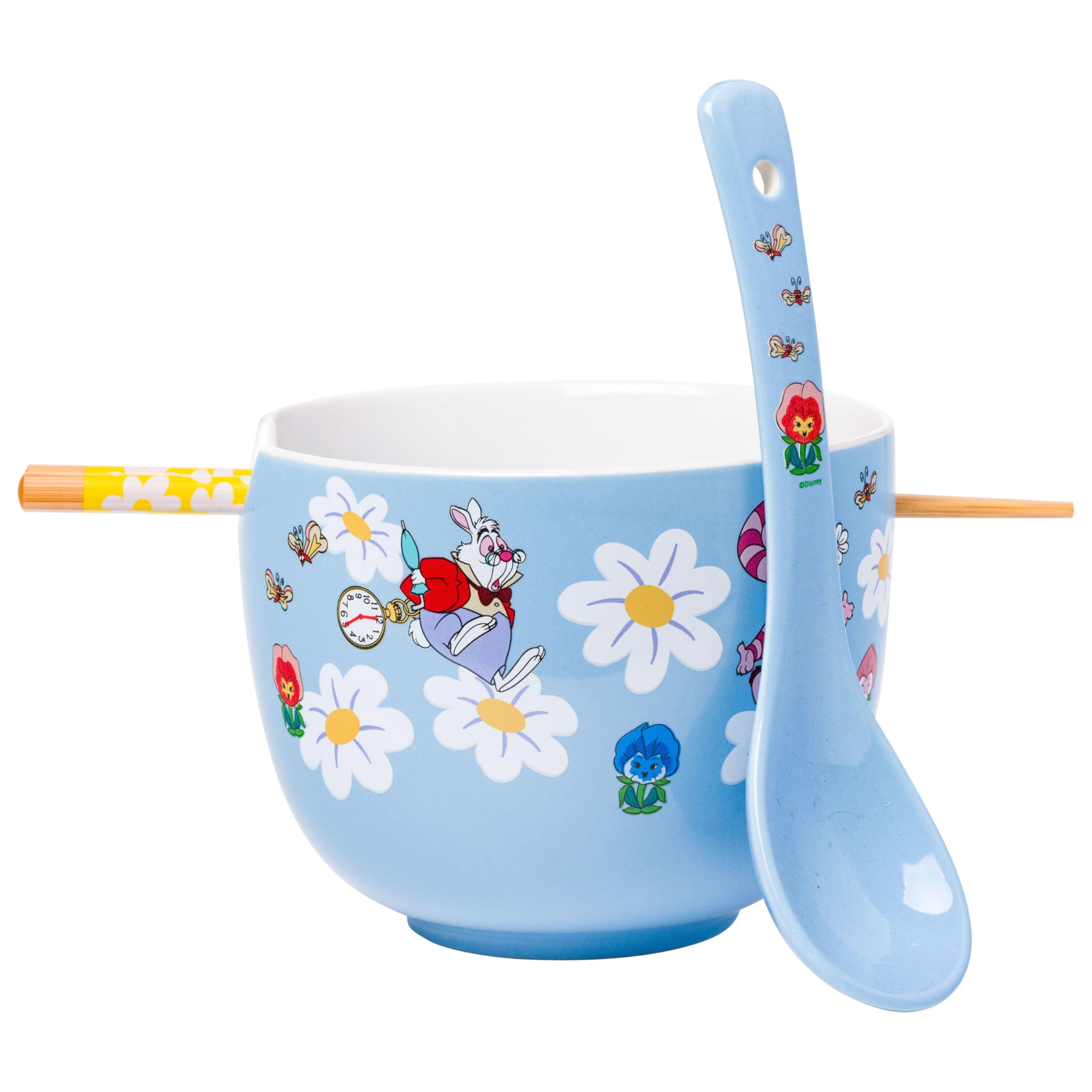 Photo 1 of Silver Buffalo Disney Alice in Wonderland Featuring Mad Hatter, Cheshire Cat, and White Rabbit Ceramic Ramen Noodle Rice Bowl with Chopsticks and Spoon, Microwave Safe, 20 Ounces