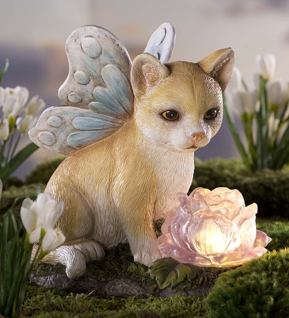 Outdoor Angel Cat with Solar LED Flower Sculpture Yard