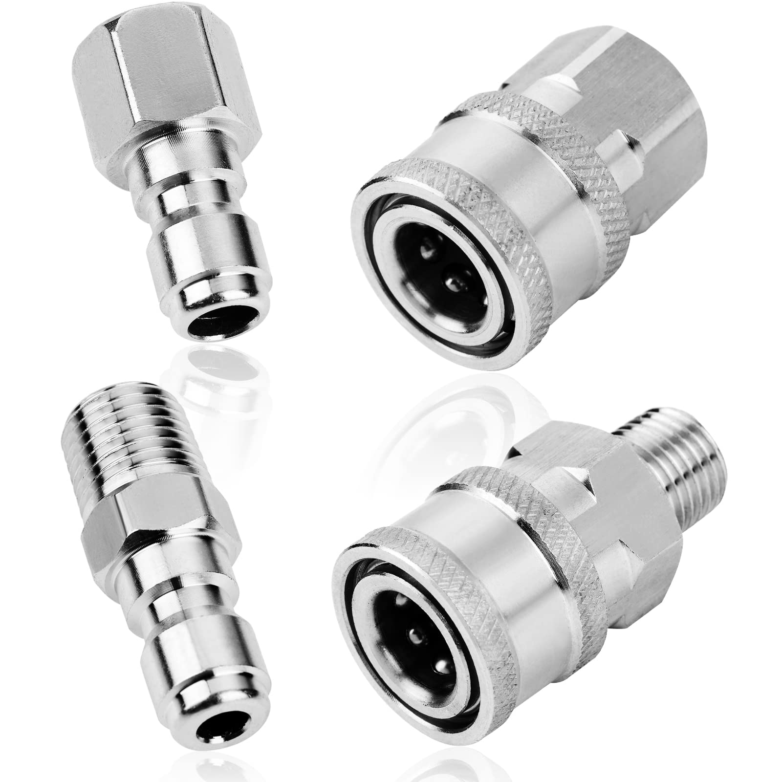 Photo 1 of 2 Sets NPT 1/4 Inch Pressure Washer Coupler Quick Connect Plug Stainless Steel Male and Female Quick Connect Fittings Pressure Washer Adapter Set (Internal Thread, External Thread)