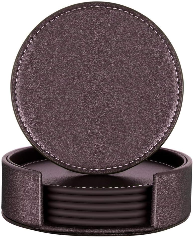 Photo 1 of PUCOLINA Leather Coasters with Holder, Set of 6 Leather Drink Coasters for Protecting Furniture from Damage