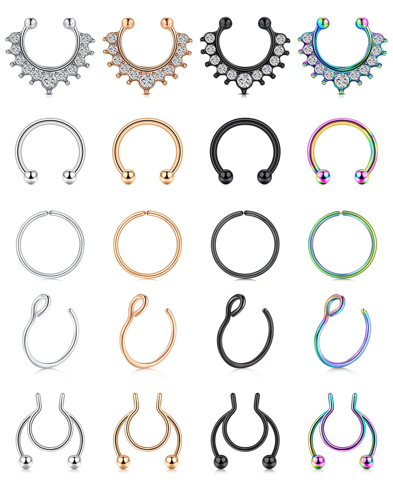AceFun Fake Septum Nose Hoop Rings Fake Septum Hoop Ring Black Stainless Steel Faux Lip Ear Nose Septum Ring Non Piercing Clip On Nose Hoop Rings Body Piercing Jewelry 20PCS