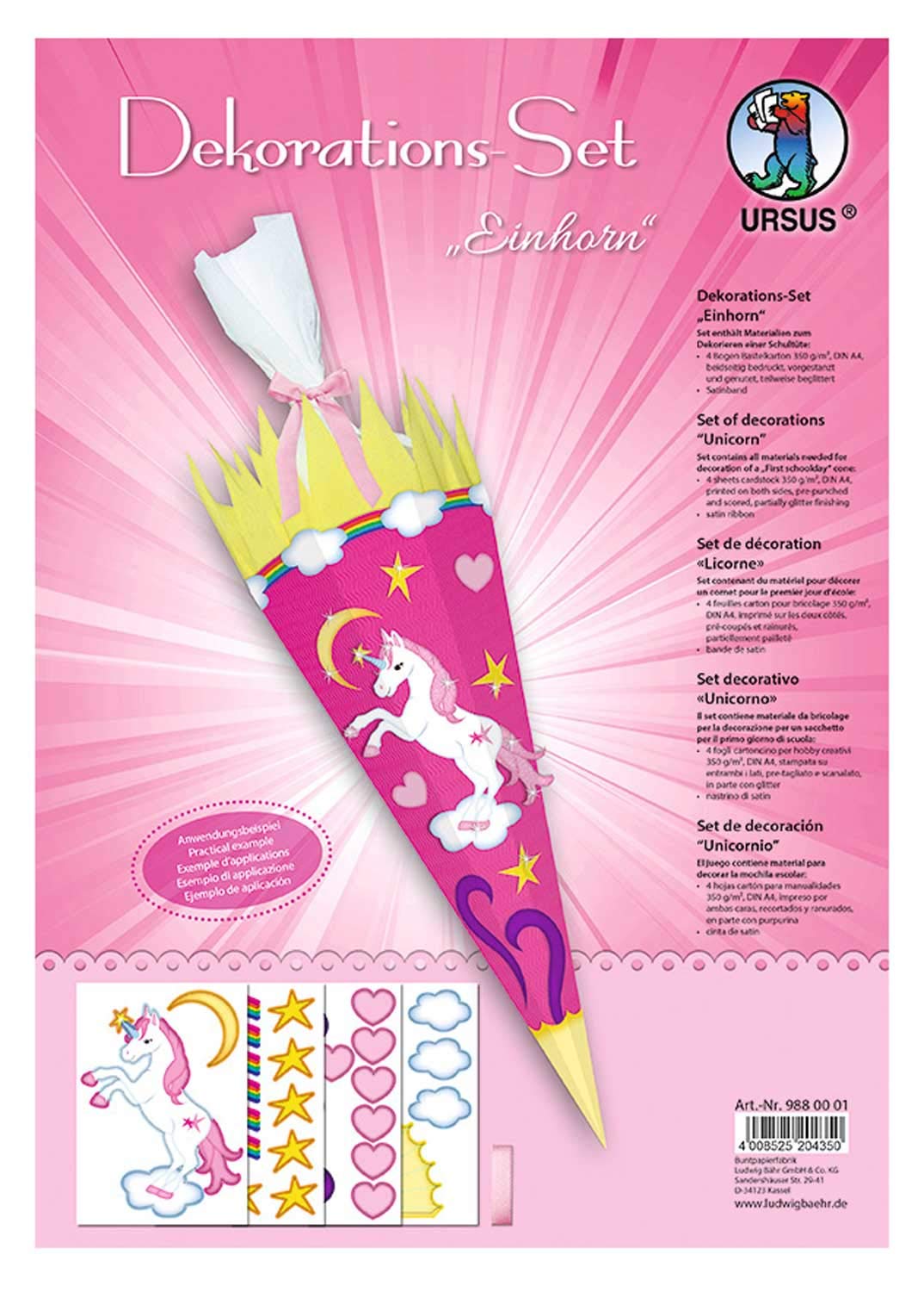 Ursus Unicorn Set, 4 Sheets of Craft Cardboard, DIN A4, Printed on Both Sides, pre-Cut, grooved, for Decorating a School Cone, Partially Refined, with Satin Ribbon, Multicoloured, One Size