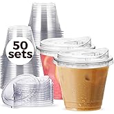 9 oz Clear Plastic Cups with Strawless-Sip-Lids, 50 Sets Disposable Cups Plastic Iced Coffee Cups, To Go Cups with Sip Through Lids for Smoothie, Milkshake, Cold Drinks for Party, Wedding, Event