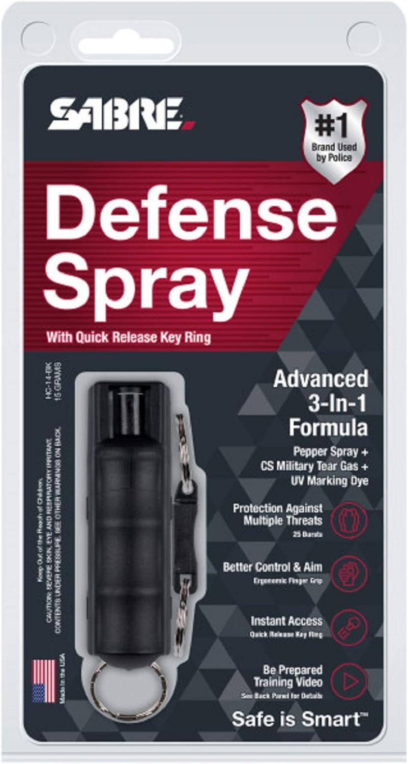 SABRE ADVANCED Pepper Spray Keychain with Quick Release – 3-in-1 Pepper Spray, CS Tear Gas & UV Dye – Maximum Strength Police OC Spray, Finger Grip for Better Aim – Optional Practice Spray : Keychain Pepper Spray : Sports & Outdoors