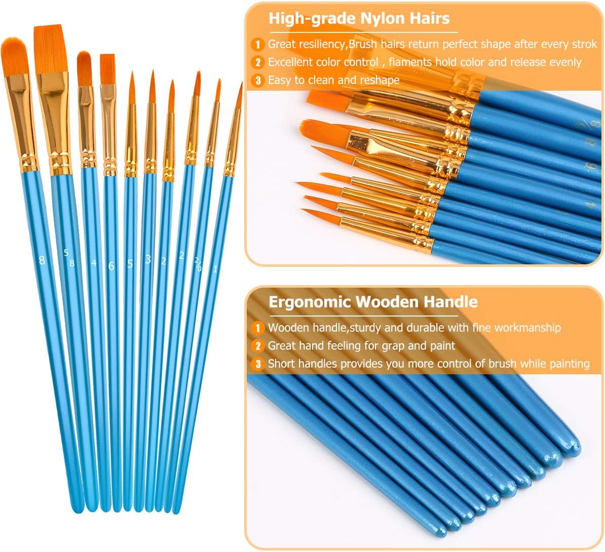 Soucolor Acrylic Paint Brushes Set, 10Pcs Round Pointed Tip Artist Paintbrushes for Acrylic Painting Oil Watercolor Canvas Boards Body Face Rock Easter Eggs, Adult Kids Drawing Arts