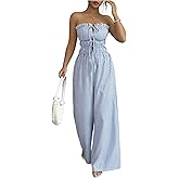 SOLY HUX Women's Striped Strapless Wide Leg Jumpsuit Bow Tie Front Sleeveless Baggy Long Pants Romper